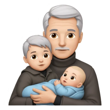 A father with silver-grey hair styled neatly and a clean-shaven face, wearing a dark turtleneck and wool coat, holding his baby sticker