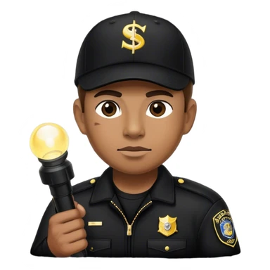 A vigilant male security guard wearing a black uniform, a baseball cap with ‘SECURITY’ embroidered on it, and a black jacket. He holds a flashlight  shining its beam forward sticker