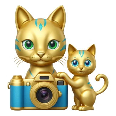A green cat with blue eyes holds a camera and a gold horse statue  sticker
