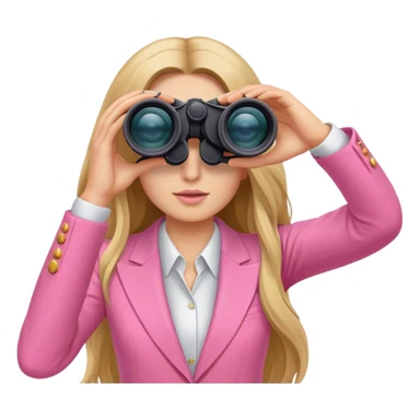 woman with long hair in a pink suit looking through binoculars, front view sticker