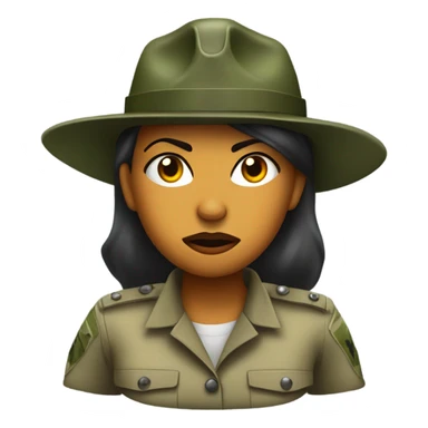 a female drill sergeant showing full torso wearing a classic sergeant hat and a camouflage army shirt. The character should have an angry intense expression.  sticker