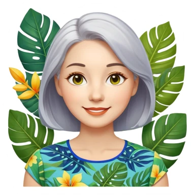 A woman with light complexion, oval face with soft rounded features, full cheeks, gentle almond-shaped eyes with subtle smile lines, silver-gray hair parted to the side, wearing a vibrant short-sleeved blouse with tropical leaf print in blue, green, and yellow, exuding warmth and joy. sticker