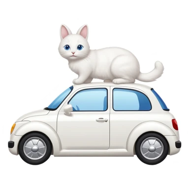 Please create a small emoji the size of 🚗 featuring a pure white cat with bunny tail (not ears) with blue eyes on a white saloon car viewed from side. Again it is necessary that the emoji must be extremely small, much smaller than a standard sized sticker. sticker