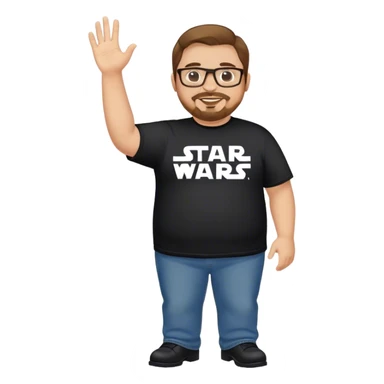 overweight Caucasian man, brown hair, goatee, glasses wearing a star wars t-shirt,  jeans and black dress shoes, smiling and waving sticker