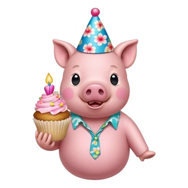 Pig with aloha shirt, birthday hat, holding a cupcake sticker
