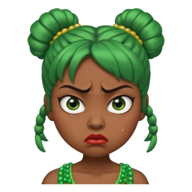 Create a 3D cartoon-style girl character with dark skin, round face, angry expression, big wide eyes, and tightly styled double buns made of green beaded hair. The girl should look irritated, eyebrows sharply angled, and lips pressed in a frown. sticker