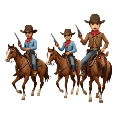 Icon for Western: A dramatic scene with cowboys on horseback, a dusty desert landscape, a setting sun. Include a classic cowboy hat, revolvers and an old wooden saloon in the background. capture the essence of the Wild West with rugged and adventurous details. Transparent background. sticker