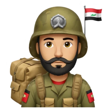 A tired, swarthy Iraqi soldier with a beard, an Iraqi flag on his helmet, a sad expression and bags under his eyes sticker