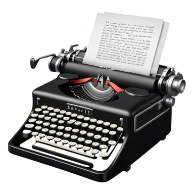 Create an emoji representing screenwriting. The design should feature an open script with visible dialogue and action lines, symbolizing the writing of a screenplay. Include a classic typewriter or a modern writing device, such as a laptop, to signify the process of creating a script. Add a movie camera next to the script to emphasize the cinematic aspect of screenwriting. Use a professional color palette with black, white, and subtle metallic tones. Do not include any emojis or smiley faces. Make the background transparent. sticker