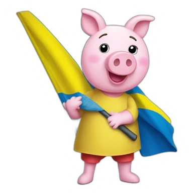 Pepa pig holds a Ukrainian flag sticker