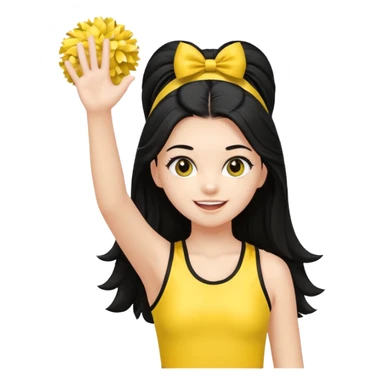 A long black hair teen girl waving pom-poms, eyes sparkling with excitement, yellow cheer leader top sticker