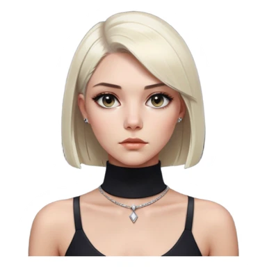 A close-up of a woman with sleek, platinum blonde hair, styled in a blunt bob. She’s wearing a high-neck black dress with minimal jewelry, and her gaze is intense and mysterious, with a dark, blurred background that enhances the dramatic mood sticker