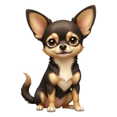 cinematic-[chihuahua dog]-realistic-full-body-sitting-emoji,-tail-resting-loosely-beside-its-paws,-head-tilted-dramatically,-sleek-[black and tan]-fur,-simplified-yet-realistic-focused-features,-highly-detailed,-glowing-with-an-almost-sarcastic-glow sticker