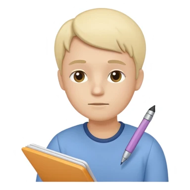 simplified human character holding a notebook and pen, thoughtful facial expression, slightly tilted head, planning life and goals, calm and focused mood, flat custom emoji sticker, pastel colors, rounded shapes, minimal details, thick outline, white background, no text sticker