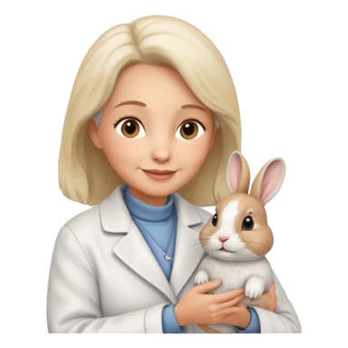 Older female vet – gentle smile, coat, checking rabbit  sticker