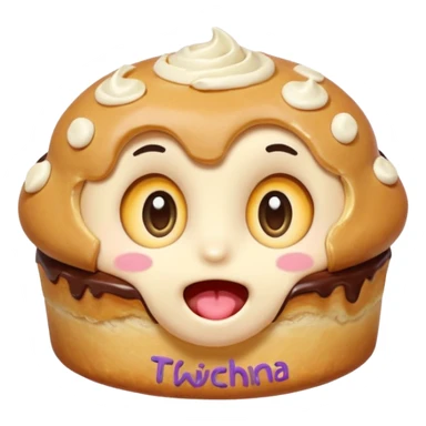 Funny cartoon mini  chochklet pastry, slightly messy and squished, big round eyes, wide open mouth, playful surprised expression, text above: "ПАСТИЧКА", chibi style, Twitch emoji style, transparent background, colorful

 sticker