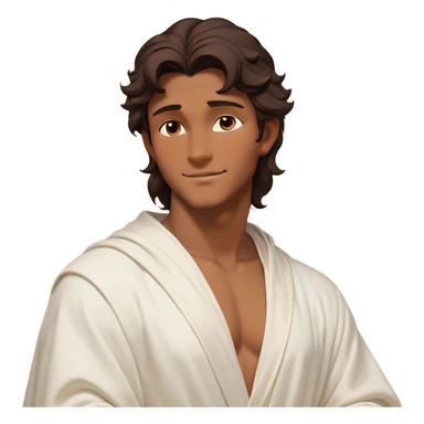 Cinematic Realistic Hercules Portrait, head tilted playfully and inquisitively, showcasing a charming blend of Disney heroic charisma and the refined grace of Michelangelo's David. His sun-kissed bronze skin and thick, wavy dark hair are rendered with classical precision, complementing a warm, inviting smile and sparkling, mischievous eyes. Clad in a softly draped white robe with subtle golden details, he exudes approachable strength under gentle, natural lighting. sticker