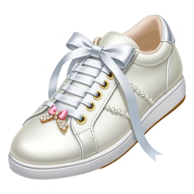 Pearl-encrusted Betsey Johnson white bridal tennis shoes with ribbon laces tied in a bow sticker
