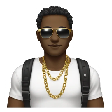 A young man with dark, wavy hair wearing stylish rectangular sunglasses, a white graphic t-shirt, a gold chain, and a black shoulder strap, with a neutral expression.
 sticker