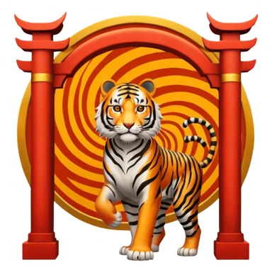 Traditional Chinese ink painting style emoji. A powerful tiger (like the ancient character 虎), standing guard in front of mystical gates (門). Energy swirls around him like a vortex (🌀). Minimalist, transparent background, 512x512 pixels. sticker