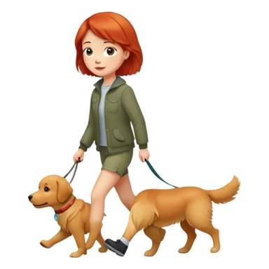 A red short-haired girl walking a golden retriever sticker
