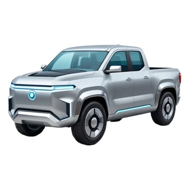 A futuristic electric pickup truck emoji, silver chrome body, angular cyber design, smooth metallic panels, subtle reflections, minimalistic proportions, iOS emoji style, centered composition, clean white background, soft lighting sticker