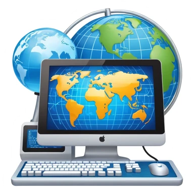 An icon featuring a computer monitor displaying code, a globe with network nodes, and a circuit board, symbolizing IT. The design includes data streams, cloud storage, and a keyboard, representing digital innovation, connectivity, and problem-solving. Transparent background sticker