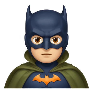 generate a batman emoji with just the face and neck showing and part of the cloak and and wings. Shade the bat logo on the chest in a bright  olive green. Shade the mask in dark navy blue.  Shade the cloak in a solid vibrant orange.  sticker