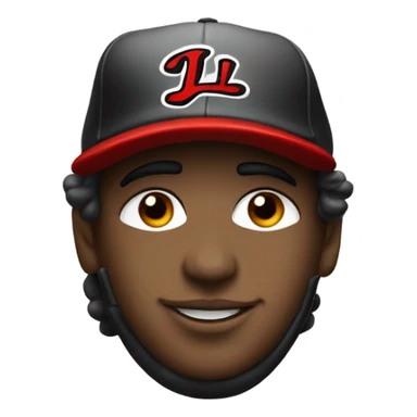 Baseball player with flow and a red and black hat with an cursive L on it sticker
