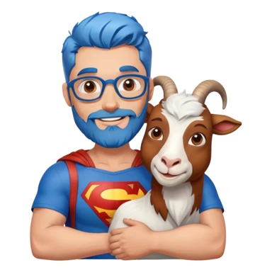 Adult Superman with redish brownish full beard with his arm around a blue hair happy goat sticker