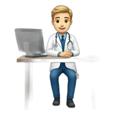 european young doctor using the computer and sitting behind the table sticker