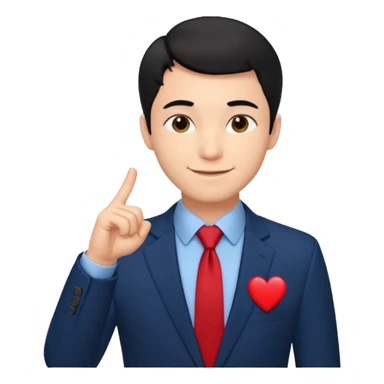 A man in very black short hair with all back hair style, wearing dark blue suit and red tie, making a heart finger sticker