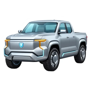 A futuristic electric pickup truck emoji, silver chrome body, angular cyber design, smooth metallic panels, subtle reflections, minimalistic proportions, iOS emoji style, centered composition, clean white background, soft lighting sticker