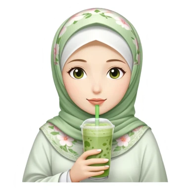 White hijab girl wearing flower hijab holding iced matcha drink sticker