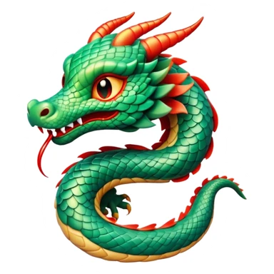 Cinematic Cute Chinese Serpent Dragon Portrait Emoji, Head tilted playfully and inquisitively, showcasing a slender, flowing body with vibrant jade scales and soft vermilion accents intertwined with whimsical wisps of cloud and water details; rendered with realistic finesse and warm natural light, high shine, charming and spirited, styled with a touch of mythic whimsy, soft glowing outline, capturing the essence of a mischievous yet endearing celestial dragon poised to weave magic into your dreams! sticker