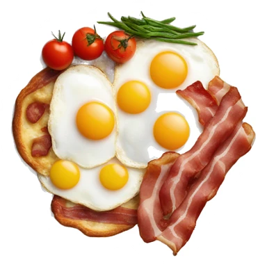 English breakfast on white plate with with eggs, bacon, cherry tomatoes, beans in red sauce sticker