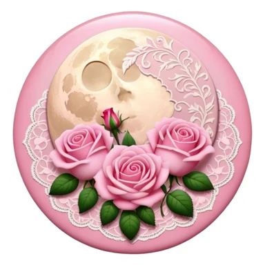 A round pink button with light cream damask lace, a full moon and pink roses in the center sticker