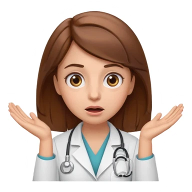 Surprised female doctor emoji with brown hair, both hands on her cheeks, big expressive eyes, clean emoji style sticker