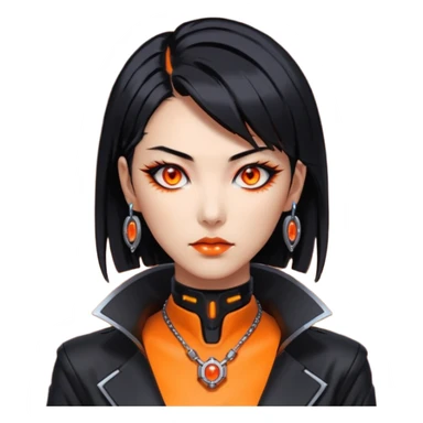Cyberpunk Japanese woman, mid-50s looking young, sharp features, sleek black hair, glowing orange eyes, expensive tech jewelry, vengeful expression, neon highlights, dark background. sticker