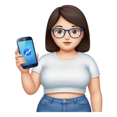 chica adolescente gordita ,pelo castaño oscuro,crop top blanco ,jeans vaqueros, espejuelos y un celular samsumg en su mano izquierda  sticker