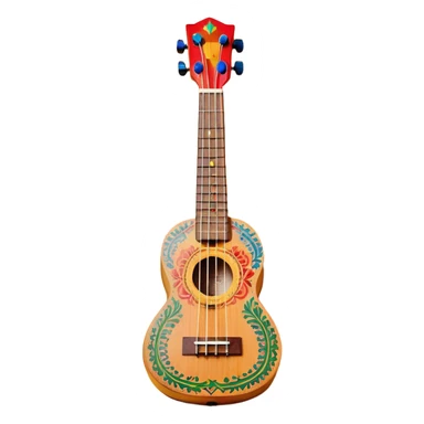 Create a vibrant and artistic emoji representing a ukulele with a Mexican design. The ukulele should feature a bright, colorful body with traditional Mexican patterns, such as geometric shapes, floral motifs, or colorful stripes. Use rich, warm tones like red, yellow, green, and blue to give the instrument a lively, festive look. Highlight the wood grain of the ukulele’s neck and fingerboard, and add subtle details like decorative inlays or a small Mexican flag symbol on the body. The strings should be clearly visible, and the instrument should be in a slightly angled position to showcase its unique design. The background should be transparent. sticker