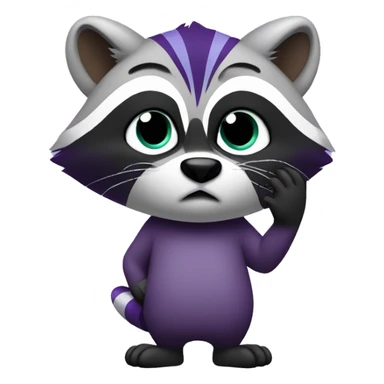 purple raccoon thoughtfully holds his hand to his face and thinks. sticker