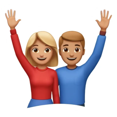 A 3D cartoon couple on top of a hill raising hands in victory, sunny sky and nature background, Memoji-style. inside photo frame. sticker