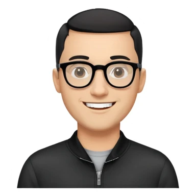 Light-skinned man with black hair in very short almost-buzz cut (minimal length but visible), short graying beard, big black glasses frames, happy smile, black long sleeve shirt with zip at neck sticker