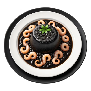 cinematic-realistic-black-risotto-dish-emoji,-showcasing-small squid pieces in black sauce -rendered-with-bold-textures-and-dynamic,-dramatic-lighting in a white plate sticker