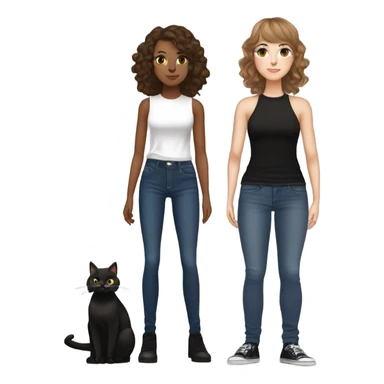 tall skinny white brown haired girl with brown eyes wavy hair and curtain bangs wearing dark wash jeans and black high neck tank top and black mary jane heel shoes standing full body and holding fat black cat with white spot on its belly sticker