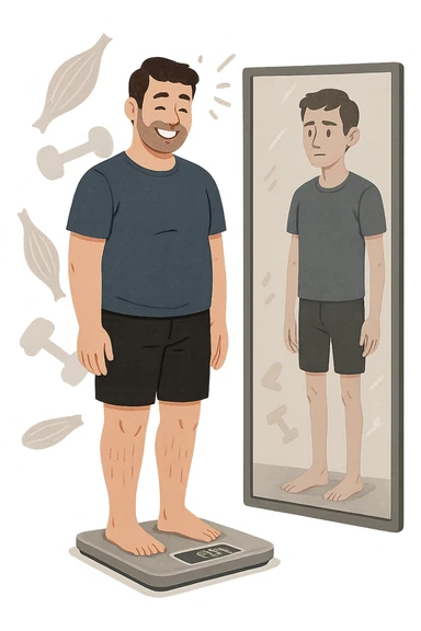 a man stands on a scale, smiling at the lower number, but his reflection in a nearby mirror shows a thinner, but also visibly weaker and less muscular body. Around him, floating icons or faded images of muscle fibers and dumbbells highlight the overlooked loss of muscle mass. The mood is cautionary and educational. in italiano sticker