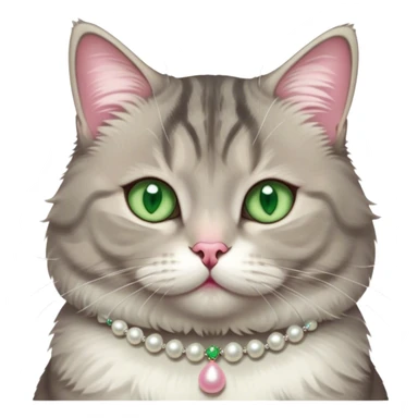 fluffy, slightly chubby, light grey tabby cat with green eyes, white tummy, and a pearl necklace  sticker