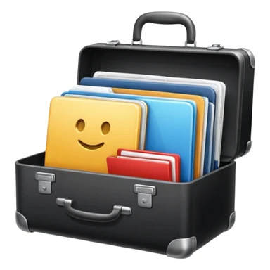 business suitcase filled with icons for CRM, tasks, chat, and documents, unified productivity platform, clean modern emoji style sticker