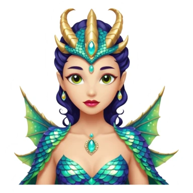 Am amazing blend of a half dragon woman with glittering jeweled scales covering her body. She has large almond shaped eyes, lush lips, and she wears a stunning luminescent gown. sticker